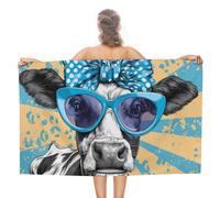 Vache portant un grand nœud bleu à pois et lunettes de soleil serviette de plage en microfibre anti-sable grande serviette de douche multi-usages absorbant pour salle de bain piscine 130 x 80 cm