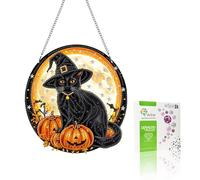 VAIIEYO 5D DIY Diamant Painting Pendentif Halloween, Chat Noir Peinture Diamant Hanging Kit, pour Porte et Fenêtre, Salon Chambre Autocollant Mural Décoration 20x20cm C23