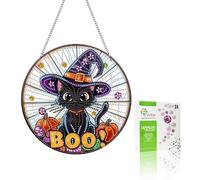 VAIIEYO 5D DIY Diamant Painting Pendentif Halloween, Chat Noir Peinture Diamant Hanging Kit, pour Porte et Fenêtre, Salon Chambre Autocollant Mural Décoration 20x20cm C22