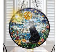 VAIIEYO Chat Noir Attrape-Soleil Suspendu, Attrape-Soleil pour fenêtre Animaux, avec Chaîne en Métal, Décorations Jardin Fenêtre Murales, Fête des Mères, Pendaison de crémaillère 20x20cm-Rond