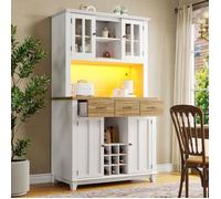 Vaisselier bas de cuisine 106x40x179.5cm avec éléments hauts et vitrine Eclairage LED Tablettes réglables Tiroirs Blanc
