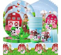Vaisselle de ferme,Ferme Vaisselle Anniversaire, vaisselle de décoration de fête de vache, Fête d'anniversaire Assiettes Gobelets Serviettes Animaux de la Ferme 10 Invités