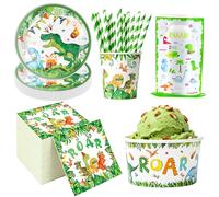 Vaisselle de fête dinosaure : Assiettes en carton, gobelets, serviettes, pailles, coupes à glace, bols à collation, sacs cadeaux, décorations pour anniversaire et baby shower 1pc