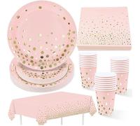 Vaisselle de fête Jetables,Lot de 97 Assiettes en papier,Serviettes,Gobelets en papier,Nappe Rose avec feuille or COUVERTS JETABLES