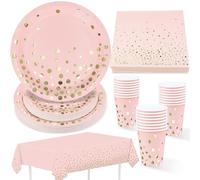 Vaisselle de fête Jetables, Lot de 97 Assiettes en papier, Serviettes, Gobelets en papier, Nappe Rose avec feuille d’or Ensemble Vaisselle