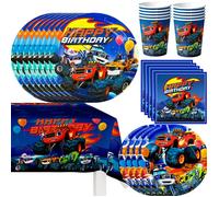 Vaisselle de Fête Monster Truck Assiettes en Papier Jetables,Ensemble de Vaisselle de Fête,Deco Anniversaire Vaisselle Monster