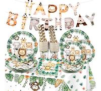 Vaisselle de fête Safari Jungle pour 25 invités, 127 pièces, assiettes en papier, tasses en papier, serviettes, pailles jetables, pour décoration d'anniversaire garçon (vert)