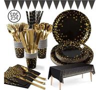 Vaisselle de fête - Set de couverts noir et or : assiettes, fourchettes, couteaux, cuillères, gobelets, pailles, serviettes et nappe pour mariage ou camping (25 convives) - 202 pièces