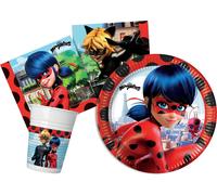 Vaisselle de fête Set de fête Miraculous Ladybug pour 24 personnes (88 pièces : 24 assiettes en carton Ø23cm, 24 gobelets 200ml, 40 serviettes 33x33cm)