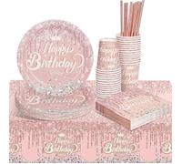 Vaisselle jetable pour anniversaire fille, 69 pièces,set et assiettes en papier,gobelets,serviettes,pailles,nappe d'anniversaire