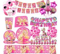 Vaisselle jetable sur le thème de la princesse rose, gobelets en papier, assiettes en papier, nappes, fournitures de décoration pour fête d'anniversaire pour enfants 6pcs balloon-1