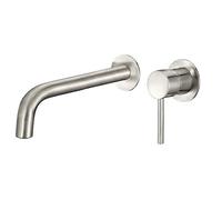 VALAZ Robinet Salle Bain Mural | Mitigeur Lavabo, Mélangeur Eau Froide et Chaude, Pas de Fuites, Installation Facile | Laiton, Inoxydable, Proteccion PVD en Acier Brossé, Rond, Bec 21 cm, Série Deva