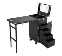 Valise cosmétique trolley 2 en 1 avec table à ongles, 4 tiroirs, roulettes | Table de manucure mobile en aluminium et ABS, pliable, capacité de charge de 50 kg, pour maquillage, nail art