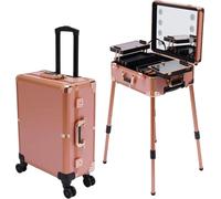 Valise de maquillage à roulettes - Station cosmétique professionnelle - Miroir - Lampes LED 8×5W - Pieds réglables - 4 roulettes - 12V/50 kg de charge - Or rose