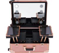 Valise de maquillage à roulettes - Station de maquillage professionnelle - Miroir avec éclairage - LED 8×5 W - Pieds réglables - 4 roulettes - Poids max. 50 kg - Bois - Or rose