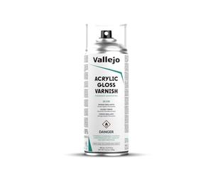 Vallejo Hobby Paint Vernis Acrylique Brillant en Spray 400 Ml. Protection Durable pour Peintures Acryliques et Huiles. Finition Brillante Aérosol