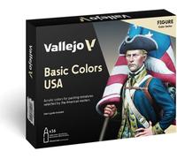 Vallejo Model Color Set de peinture acrylique couleurs de base USA. Kit de 16 couleurs mates en flacons de 18 ml avec compte-gouttes et nuancier pour modélisme, maquettes et dioramas.