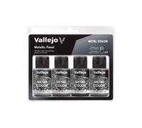 Vallejo Set De Peinture Acrylique Metal Color Metallic Panel. Kit De 4 Couleurs Finition Métallisée En Bouteilles De 32 Ml Avec Compte-Gouttes, Pour Panneaux D'avions De Toute Époque.-Vallejo