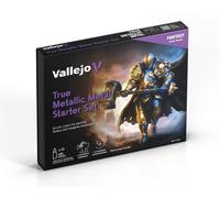 Vallejo True Metallic Metal Starter Set - Set d'Initiation Peinture Métallisée pour Figurines - 12 Couleurs de 18ml + Pinceau + Figurine Exclusive
