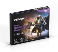 Vallejo True Metallic Metal Starter Set - Set d'Initiation Peinture Métallisée pour Figurines - 12 Couleurs de 18ml + Pinceau + Figurine Exclusive