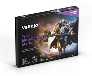 Vallejo True Metallic Metal Starter Set - Set d'Initiation Peinture Métallisée pour Figurines - 12 Couleurs de 18ml + Pinceau + Figurine Exclusive