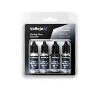 Vallejo Peinture Métallique Vraie Métallique Set de 4 Couleurs en Argent, Idéal pour Peindre les Métaux, Inclut BASE, LIGHT, SHADE et AIRBRUSH, Système BSL pour Résultats Cohérents.