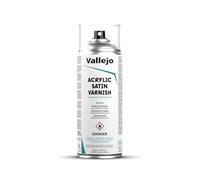 Vallejo Vernis Acrylique Satiné en Aérosol 400 ml. Protection durable et flexible pour peintures acryliques et huiles.