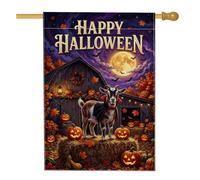 Vampire Chèvre Halloween Citation Drapeau Maison 71,1 x 101,6 cm | Chèvre vampire, drapeau de pelouse, lanternes jack-o'-lanternes, grange rustique, balle de foin de récolte, pleine lune