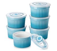 vancasso Ramequins avec Couvercles Lot, 6 X 200 ML Ramequins et Moules à Soufflés en Porcelaine, Ramequin Creme Brulee pour Muffin et Gâteau, Ramequin Four à Crème, Sauce, Fruit, Ø9.5 CM - Bleu