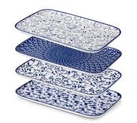 vancasso SELENE Lot de 4 Assiettes Plates Rectangulaires en Porcelaine - 30,8 cm - Assiette pour Desserts, Sushis et Salade, Adapté au Micro-Ondes - Style A Chinois Oriental Bleu et Blanc