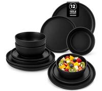 vancasso Série PLAYA Service de Table 4 Personnes, Set Vaisselle Noir en Grès 12 Pièces - 4 Assiettes Plates, 4 Assiettes à Dessert et 4 Bols - Adapté au Lave-Vaisselle et au Micro-Ondes