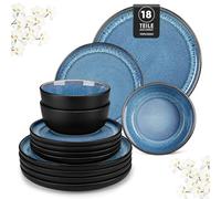 vancasso Série PLAYA Service de Table 6 Personnes, Vaisselle en Grès 18 Pièces - 6x Assiettes Plates, Assiettes à Dessert et Bols à Céréales - Adapté au Lave-Vaisselle et au Micro-Ondes, Glaçure Bleu