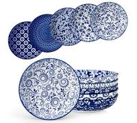 vancasso Série SELENE Lot de 6 Grands Bols à Pâtes, 1200ML Assiette Creuse en Porcelaine Bleu et Blanc, Saladier pour Cuisine, Passe au Four, Lave-vaisselle et Micro-ondes, Style Chinois