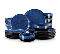 vancasso Série STARRY Service de Table 24 Pièces en Grès, Service Vaisselle 6 Personnes, avec 6 Assiettes Plates, 6 Assiettes à Dessert, 6 Bols à pâtes et 6 Bols à Céréales, Bleu à Émail Réactif