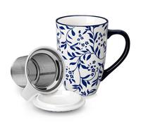 vancasso Tasse à thé en céramique avec infuseur et couvercle, 480 ml SELENE, passe au micro-ondes et au lave-vaisselle, idéale pour le thé, le café, le lait, Style Chinois Bleu et Blanc