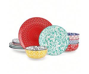 vancasso Vaisselle 12pcs, Série SELENE, en Porcelaine Colorée avec Ensemble Assiettes et Bols - 4 Personnes