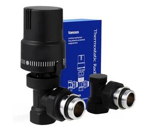 VANCOCO 1/2" Noir Intégral Vanne Thermostatique + Vanne de Retour Kit | Sonde liquide, raccord étanche, position protection anti-gel, norme EN215 accessoire robinet thermostatique