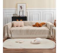 VanderHOME Housse de canapé en Chenille, Multifonctionnel Jete de Canape, Couverture de Canapé Décorative Universelle à Pompons,Plaid Canape Plaid pour Canapé 180 * 340cm Beige