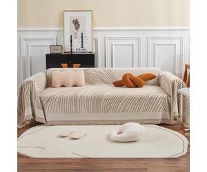 VanderHOME Housse de canapé en Chenille, Multifonctionnel Jete de Canape, Couverture de Canapé Décorative Universelle à Pompons,Plaid Canape Plaid pour Canapé 180 * 420cm Beige