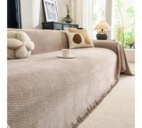 VanderHOME Jeté de Canapé Réversible en Chenille, Protege Canape, Épais et Résistant, Anti-Griffures pour Animaux, Couverture Décorative avec Franges, Doux Respirant 180 * 340cm-Beige