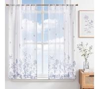 Vangao Rideau Cuisine Voilage Fleurs 65L x 115H cm Lot de 2, Blanc et Bleu | Rideau Moustiquaire Brise Bise Petit Court de Salon Fenetre Chambre, Transparent Boheme, Rideau Sous Evier en Voile Interieur