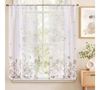 Vangao Rideau Cuisine Voilage Fleurs 65L x 115H cm Lot de 2 Blanc et Marron | Voile Rideau Moustiquaire Brise Bise Petit Court de Salon Fenetre Chambre Transparent Boheme, Rideau Sous Evier