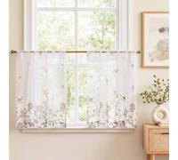 Vangao Rideau Cuisine Voilage Fleurs 65L x 60H cm Lot de 2, Blanc et Marron | Rideau Moustiquaire Brise Bise Petit Court de Salon Fenetre Chambre, Transparent Boheme, Rideau Sous Evier en Voile Interieur