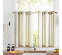 Vangao Rideau Voilage Cuisine Court Rayure Rideau Beige à Oeillets Transparent H115x L90 cm Lot de 2 Rayés Petit Rideau Brise Bise sous Evier Intérieurs Fenetre Chambre Salon Cache Placard Modernes