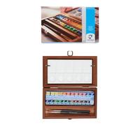 Vangogh Set de peinture aquarelle boîte en bois, 24 demi-plats + 3 accessoires