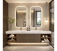 Vanité de salle de bain flottante à double évier de 218,4 cm avec miroirs anti-buée à DEL - Comptoir en bois massif étanche sans couture - Grand espace de rangement - Design de luxe personnalisé pour