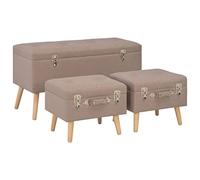 Vanitopaz Lot de 3 tabourets de rangement en tissu marron avec rembourrage et couvercle en polyester et pieds en bois massif pour salon, chambre à coucher, couloir, avec compartiment de rangement