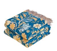VANJOROY Couvre-lit/plaid de canapé en coton biologique 100% - 130x150 cm, jeté doux de luxe à motifs floraux double face pour fauteuil, canapé et couvre-lit simple. Bleu/Jaune