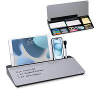 Varhomax Tableau blanc de bureau en verre avec fonction d’essuyage à sec, tableau blanc de bureau avec rangement, liste de tâches, bloc-notes, organisateur de bureau et support pour clavier (Noir/Gris