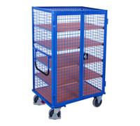 VARIOfit VARIOfit Chariot à étages soudé fixe 1.045 × 685 mm, parois en treillis métallique, 4 étagères, porte double battant avec fermeture à poignée rotative Quantité:1